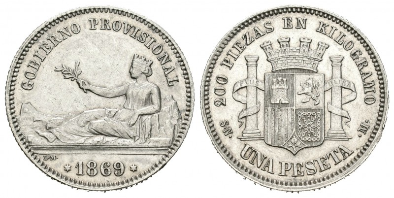 Gobierno Provisional (1868-1871). 1 peseta. 1869. Madrid. SNM. (Cal-14). Ag. 4,9...