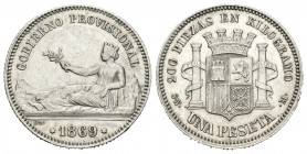 Gobierno Provisional (1868-1871). 1 peseta. 1869. Madrid. SNM. (Cal-14). Ag. 4,94 g. Leyenda GOBIERNO PROVISIONAL. Escasa. EBC-. Est...150,00.