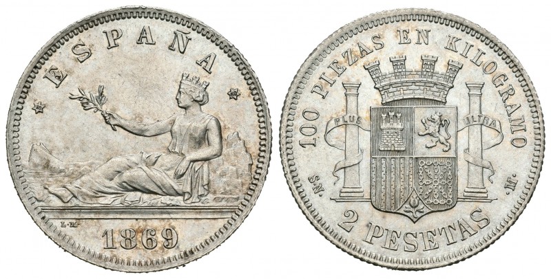 Gobierno Provisional (1868-1871). 2 pesetas. 1869*18-69. Madrid. SNM. (Cal-5). A...