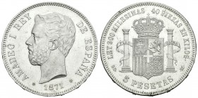 Amadeo I (1871-1873). 5 pesetas. 1871*18-71. Madrid. SDM. (Cal-5). Ag. 25,15 g. Pleno brillo original. Magnífico ejemplar. SC-. Est...600,00.