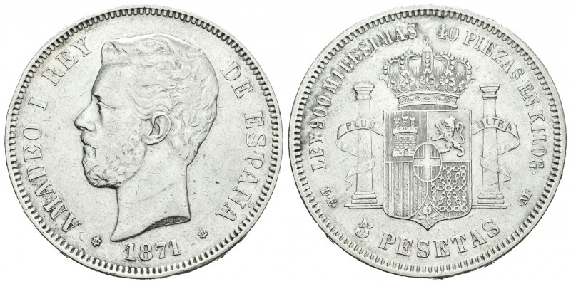 Amadeo I (1871-1873). 5 pesetas. 1871*18-73. Madrid. DEM. (Cal-9). Ag. 24,97 g. ...
