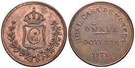 Carlos VII (1872-1876). 5 pesetas. 1875. Oñate. (Cal-6). Ae. 28,92 g. Acuñada en cobre. Restos de brillo original. Muy rara. EBC+. Est...1750,00.