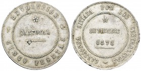 Revolución Cantonal. 5 pesetas. 1873. Cartagena (Murcia). (Cal-6). Ag. 28,47 g. 90 perlas en anverso y 95 en reverso. No coincidente. Golpecitos. MBC+...