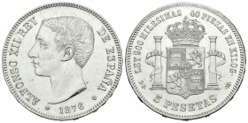 Alfonso XII (1874-1885). 5 pesetas. 1876*18-76. Madrid. DEM. (Cal-26a). Ag. 24,96 g. Rara en esta conservación. EBC+. Est...275,00.