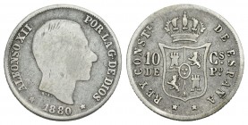 Alfonso XII (1874-1885). 10 centavos. 1880. Manila. (Cal-93). Ag. 2,40 g. Rara. BC/BC+. Est...200,00.