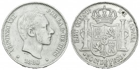 Alfonso XII (1874-1885). 50 centavos. 1880. Manila. (Cal-78). Ag. 12,72 g. Limpiada. Escasa. BC/BC+. Est...100,00.
