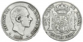 Alfonso XII (1874-1885). 50 centavos. 1884. Manila. (Cal-84). Ag. 12,84 g. Escasa. BC+. Est...110,00.