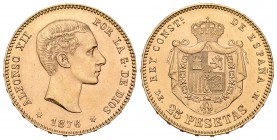 Alfonso XII (1874-1885). 25 pesetas. 1876*18-76. Madrid. DEM. (Cal-1). Au. 8,06 g. Brillo original. EBC+. Est...250,00.
