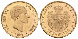 Alfonso XII (1874-1885). 25 pesetas. 1877*18-77. Madrid. DEM. (Cal-3). Au. 8,06 g. Rayitas. Restos de brillo original. EBC+. Est...260,00.