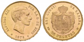 Alfonso XII (1874-1885). 25 pesetas. 1879*18-79. Madrid. EMM. (Cal-9). Au. 8,10 g. EBC+. Est...250,00.