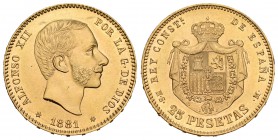 Alfonso XII (1874-1885). 25 pesetas. 1881*18-81. Madrid. MSM. (Cal-14). Au. 8,10 g. Pleno brillo original. SC-. Est...260,00.