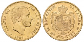 Alfonso XII (1874-1885). 25 pesetas. 1882*18-82. Madrid. MSM. (Cal-16). Au. 8,09 g. Brillo original. Escasa. MBC+. Est...280,00.