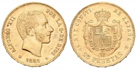 Alfonso XII (1874-1885). 25 pesetas. 1885*18-85. Madrid. MSM. (Cal-20). Au. 8,05 g. Rara. EBC-. Est...1500,00.