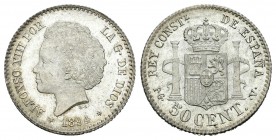 Alfonso XIII (1886-1931). 50 céntimos. 1894*9-4. Madrid. PGV. (Cal-58). Ag. 2,48 g. Primera estrella tenue. Brillo original. SC. Est...100,00.