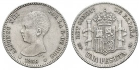 Alfonso XIII (1886-1931). 1 peseta. 1889*18-89. Madrid. MPM. (Cal-37). Ag. 4,93 g. Primera estrella tenue. Rara. EBC-. Est...800,00.