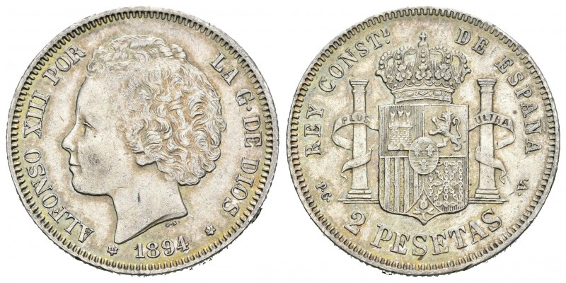 Alfonso XIII (1886-1931). 2 pesetas. 1894*18-94. Madrid. PGV. (Cal-33). Ag. 9,95...