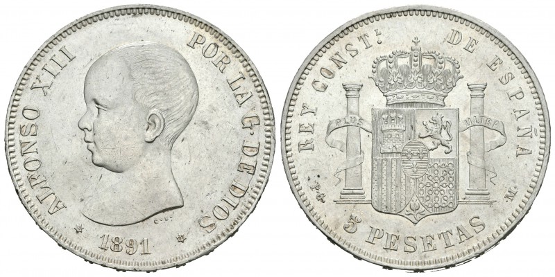 Alfonso XIII (1886-1931). 5 pesetas. 1891*18-91. Madrid. PGM. (Cal-17). Ag. 24,9...