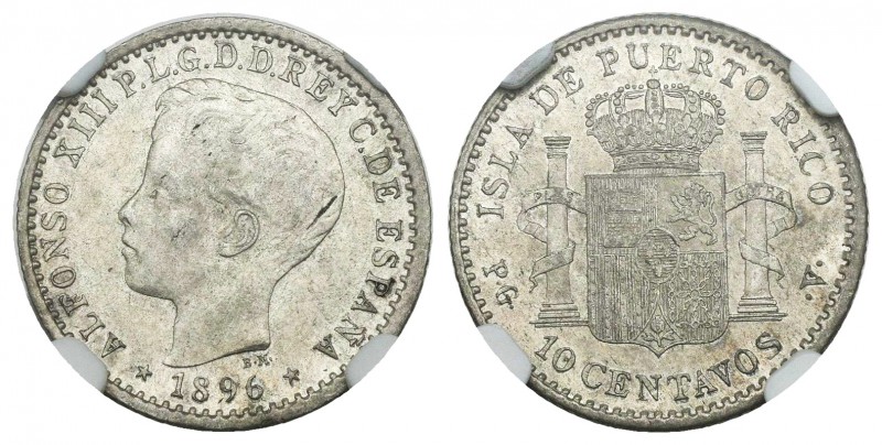 Alfonso XIII (1886-1931). 10 centavos. 1896. Puerto Rico. PGV. (Cal-85). Ag. Enc...