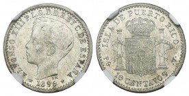 Alfonso XIII (1886-1931). 10 centavos. 1896. Puerto Rico. PGV. (Cal-85). Ag. Encapsulada por NGC como MS63. Rara en esta conservación. Est...460,00.