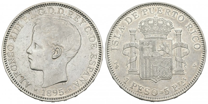 Alfonso XIII (1886-1931). 1 peso. 1895. Puerto Rico. PGV. (Cal-82). Ag. 24,63 g....