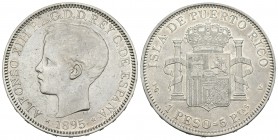 Alfonso XIII (1886-1931). 1 peso. 1895. Puerto Rico. PGV. (Cal-82). Ag. 24,63 g. Rara. EBC-. Est...600,00.