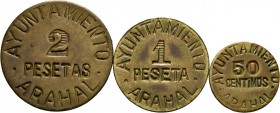 Guerra Civil (1936-1939). Arahal. (Cal-2). Serie completa de 3 valores, 2 pesetas, 1 peseta, 50 céntimos. Escasa. EBC-. Est...250,00.
