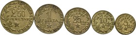 Guerra Civil (1936-1939). 1937. Menorca. (Cal-12). Serie completa de 5 valores, 2'50 pesetas, 1 peseta, 25 céntimos, 10 céntimos y 5 céntimos. EBC+. E...