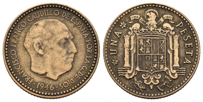 Estado español (1936-1975). 1 peseta. 1946*19-48. (Cal-75). 3,56 g. Busto de Ben...
