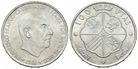 Estado español (1936-1975). 100 pesetas. 1966*19-69. Madrid. (Cal-14). Ag. 19,21 g. Palo curvo. Muy escasa. SC-. Est...130,00.