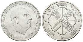 Estado español (1936-1975). 100 pesetas. 1966*19-69. Madrid. (Cal-15). Ag. 18,91 g. Palo recto. Muy escasa. SC-. Est...300,00.