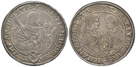 Alemania. Saxony. Christian II, Johann Georg y August. Thaler. 1606. Dresden. HR. (Dav-7566). (Km-24). Ag. 28,86 g. EBC-. Est...425,00.