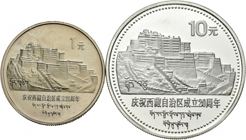 China. 1985. Lote de 2 monedas, 1 yuan (nickel) y 10 yuan (plata). 30º Aniversar...