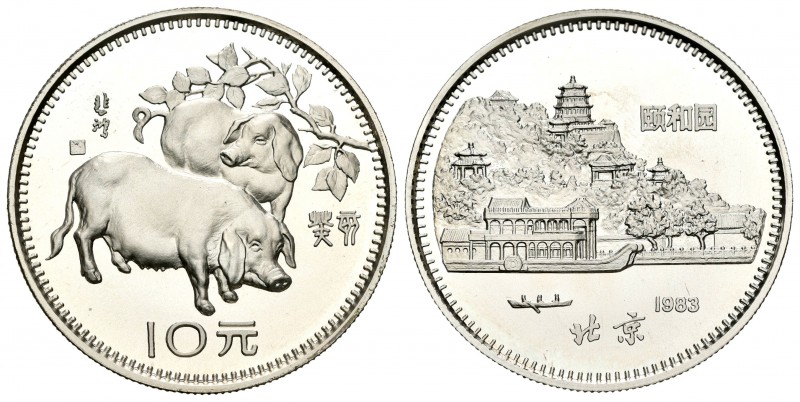 China. 10 yuan. 1983. (Km-73). Ag. 15,06 g. Año del cerdo. PROOF. Est...900,00.