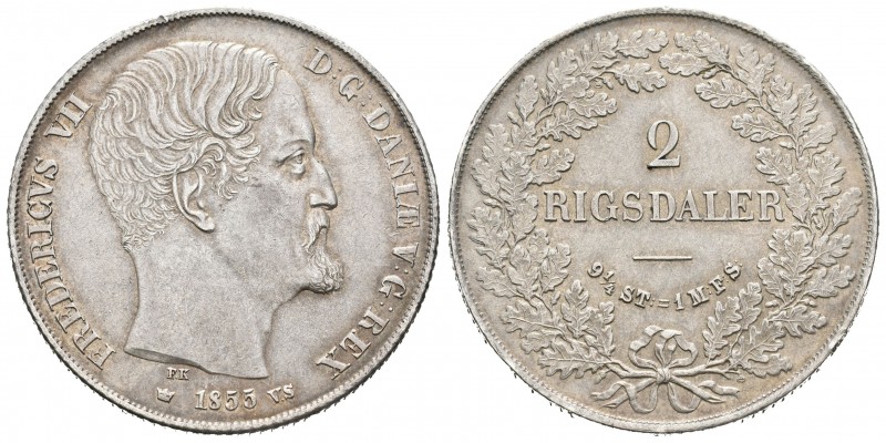 Dinamarca. Frederick VII. 2 rigsdaler. 1855. VS. (Km-761.2). (Dav-77). Ag. 28,93...