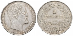 Dinamarca. Frederick VII. 2 rigsdaler. 1855. VS. (Km-761.2). (Dav-77). Ag. 28,93 g. Buen ejemplar. EBC+. Est...400,00.