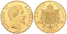 Francia. Napoleón III. 100 francos. 1858. París. A. (Km-786.1). Au. 32,22 g. Golpecito en el canto. EBC+. Est...1200,00.