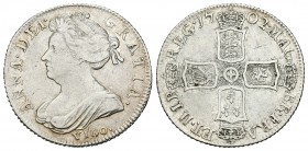 Gran Bretaña. Anna. 1 shilling. 1702. (Km-509.2). (S-3584). Ag. 5,98 g. VIGO bajo el busto. Escasa. MBC-. Est...200,00.