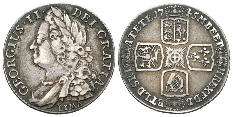 Gran Bretaña. George II. 1 shilling. 1745. (Km-583.2). (S-3703). Ag. 5,92 g. LIM...