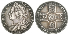 Gran Bretaña. George II. 1 shilling. 1745. (Km-583.2). (S-3703). Ag. 5,92 g. LIMA bajo el busto. Escasa. MBC+. Est...220,00.
