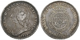 Italia. Sardeña. Carlo Emanuele II. Scudo de 6 liras. 1755. Torino. (Km-48). (Mont-164). Ag. 34,68 g. Pátina. MBC+. Est...400,00.