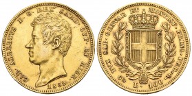 Italia. Carlo Alberto. 100 liras. 1832. Génova. P. (Km-133.2). (Mont-2). Au. 32,24 g. Golpes en el canto. EBC+. Est...1300,00.