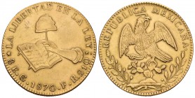 México. 8 escudos. 1870. Guanajuato. (Km-383.7). Au. 27,03 g. Buen ejemplar. EBC. Est...1200,00.