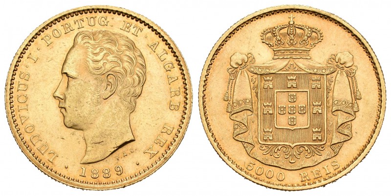 Portugal. Luis I. 5000 reis. 1889. (Km-516). (Gomes-16.18). (Fr-150). Au. 8,88 g...