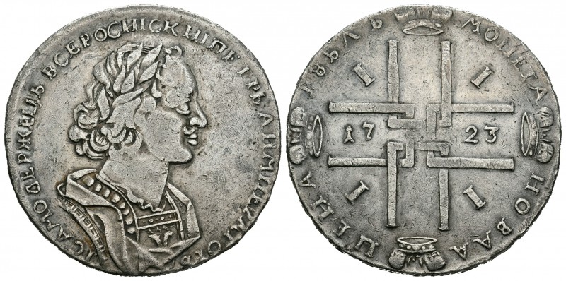 Rusia. Peter I. 1 rublo. 1723. Moscú. (Km-162.1). (Dav-1657). Ag. 27,85 g. MBC+....