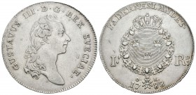 Suecia. Gustav III. 1 riksdaler. 1788. Estocolmo. (Km-527). (Dav-1736). Ag. 29,25 g. Estuvo en aro, aún así buen ejemplar. MBC+. Est...200,00.