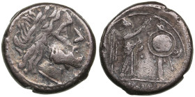 Roman Republic AR Victoriatus After 211 BC. Anonymous
2.88g. 16mm. VF/VF. Obv: Laureate head of Jupiter right. / Rev: Victory standing right, crowning...