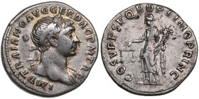Roman Empire AR Denarius - Trajan (AD 98-117)
3.25g. 19mm. VF/XF-. An attractive specimen with some luster. Obv: Laureate head draped on right shoulde...