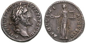 Roman Empire AR Denarius - Antoninus Pius (AD 138-161)
3.72g. 18mm. VF/XF. Obv: ANTONINVS AVG PIVS P P TR P COS III, bare head right. / Rev: APOLLINI ...