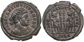 Roman Empire Æ Follis - Constantine II, as Caesar (AD 317-337)
2.63g. 18mm. UNC/UNC. Splendid lustrous exemplar with beautiful brown colour toning. ...