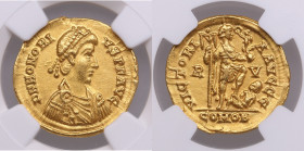Roman Empire, Ravenna AV Solidus - Honorius (AD 393-423) - NGC Ch XF
Strike: 5/5, Surface 2/5. Brushed. 4.48g. Charming well-centered flashy specimen....